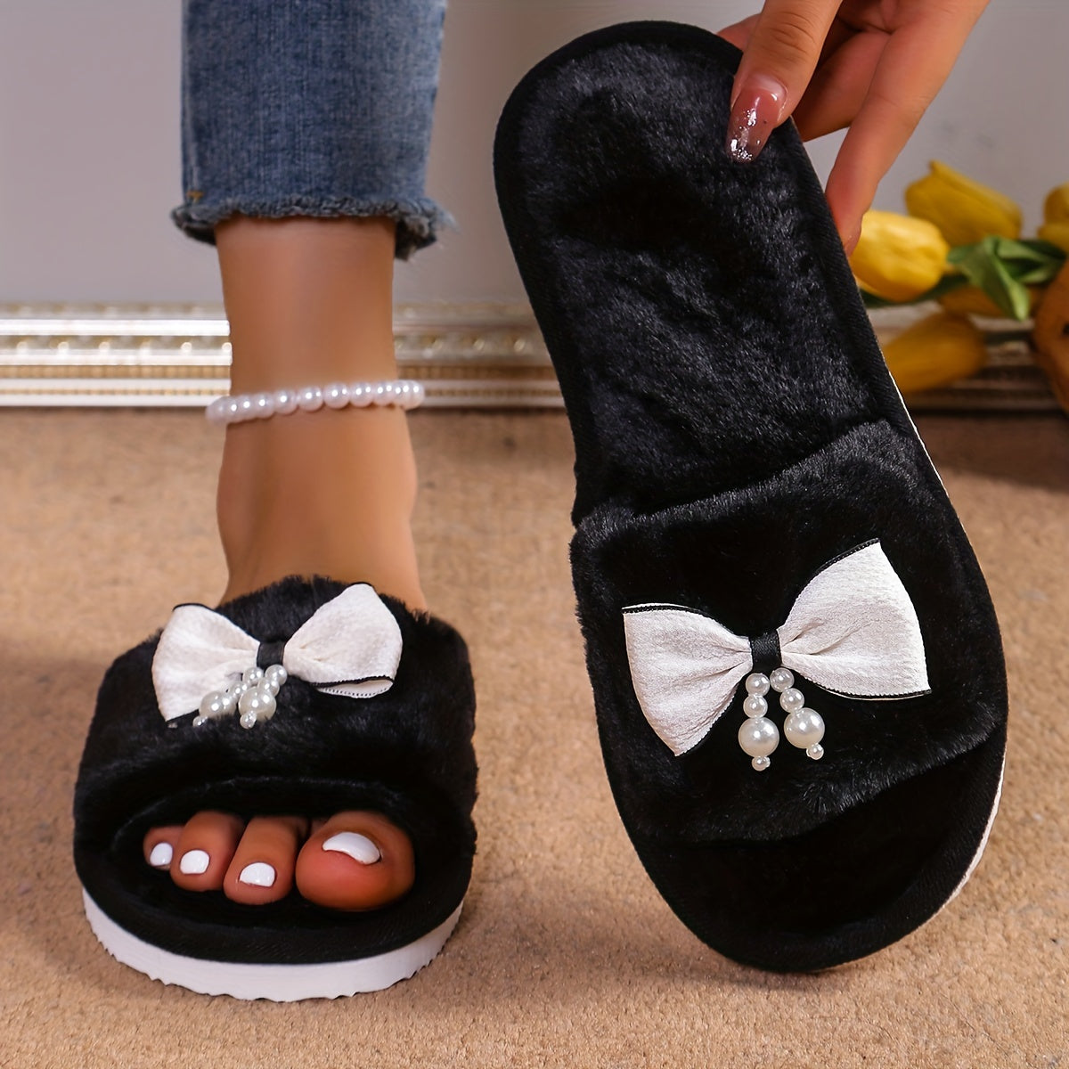 Women'S Black Fuzzy Slippers with Pearl Bow, Cartoon Pattern, Slip-on House Shoes, All-Season Indoor Footwear, Fabric Upper/Inner, EVA Sole, Hand Washable